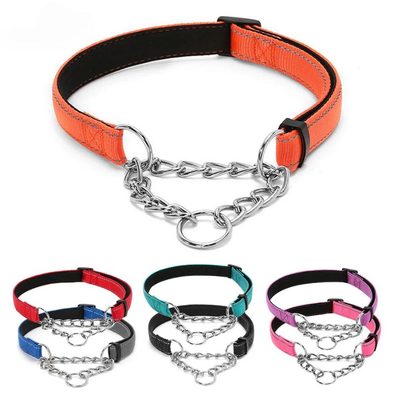 Stainless Steel Chain Martingale Collar - Stainless Steel Chain Reflective Nylon Fabric Pet Collars for Small Medium Large Dogs