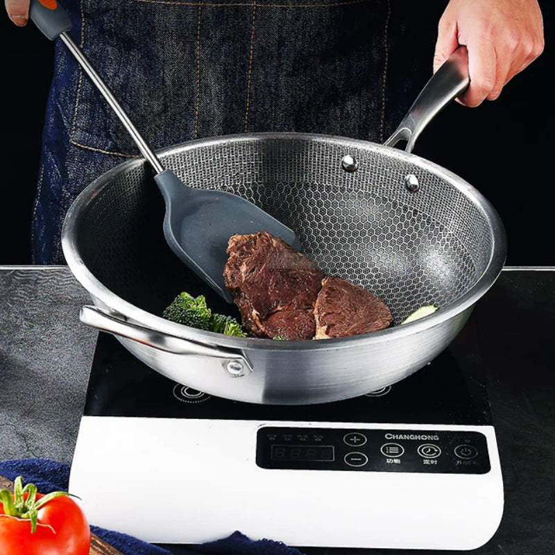 New Stainless Steel Wok Honeycomb Non-stick Pan Without Oil Smoke Frying Pan Wok, Gas and Induction Cooker Kitchen Tool