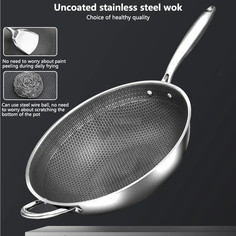 New Stainless Steel Wok Honeycomb Non-stick Pan Without Oil Smoke Frying Pan Wok, Gas and Induction Cooker Kitchen Tool