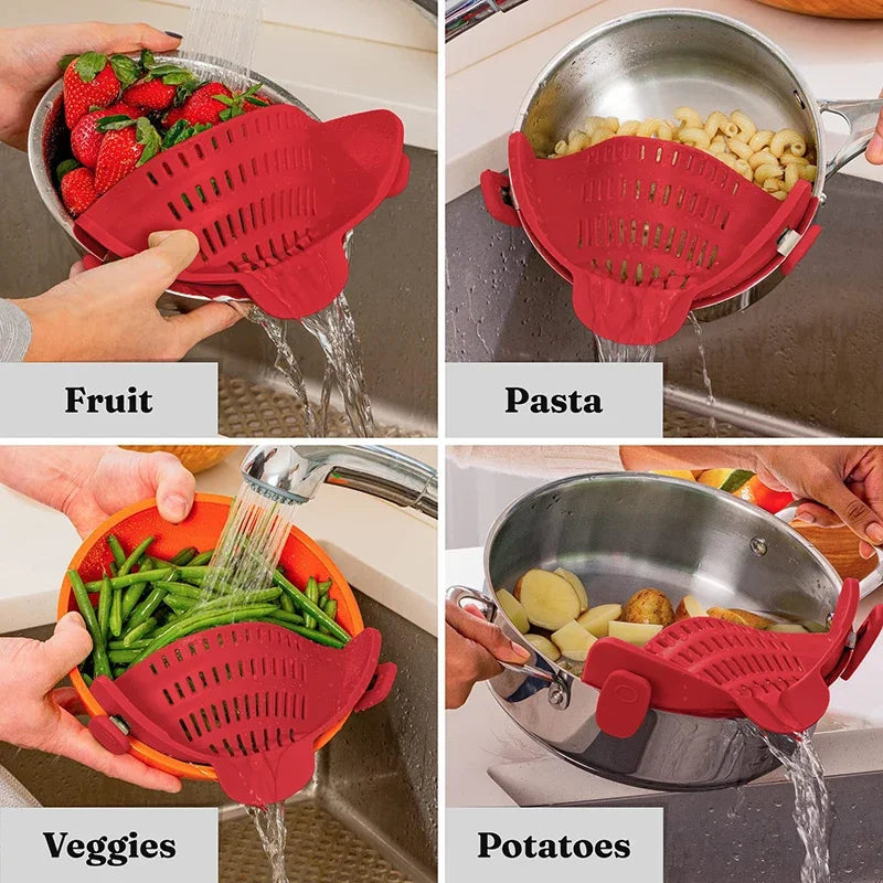 Kitchen Strainer Clip Pan Silicone Drain Rack Bowl Funnel Rice Pasta Vegetable Washing Colander Draining Excess Liquid Univers