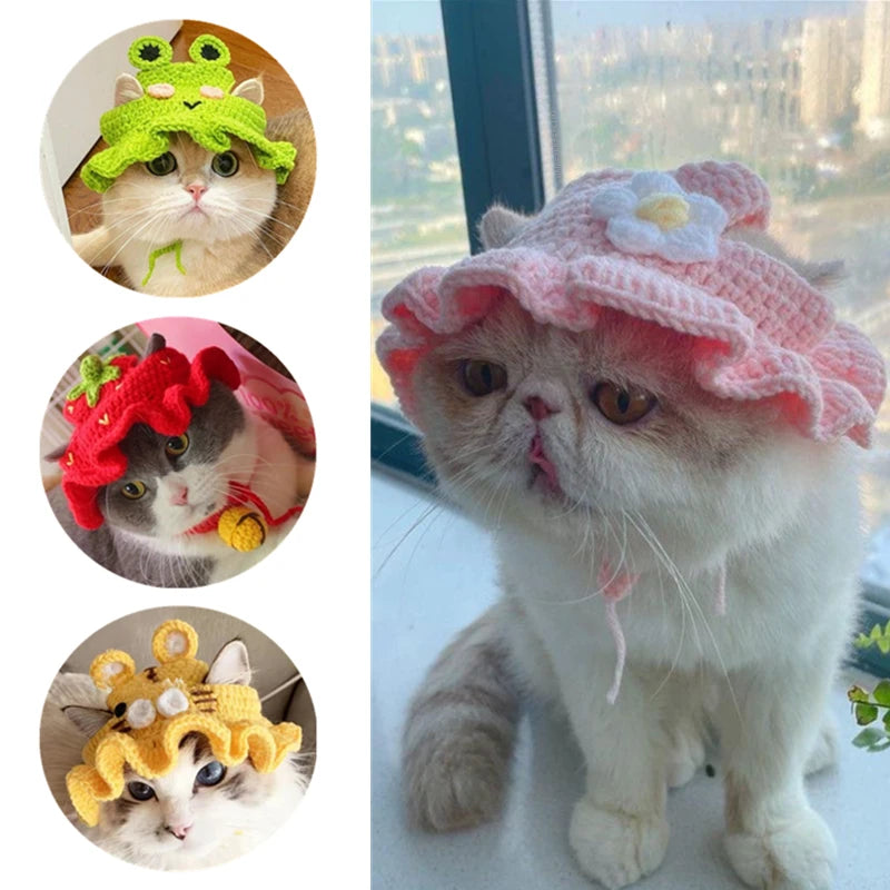 Spring Summer Cat Hat Elastic Cute Refined Knitted Pet Hat for Puppy Kittens Party Photo Shoot Props Decoration Cat Accessories