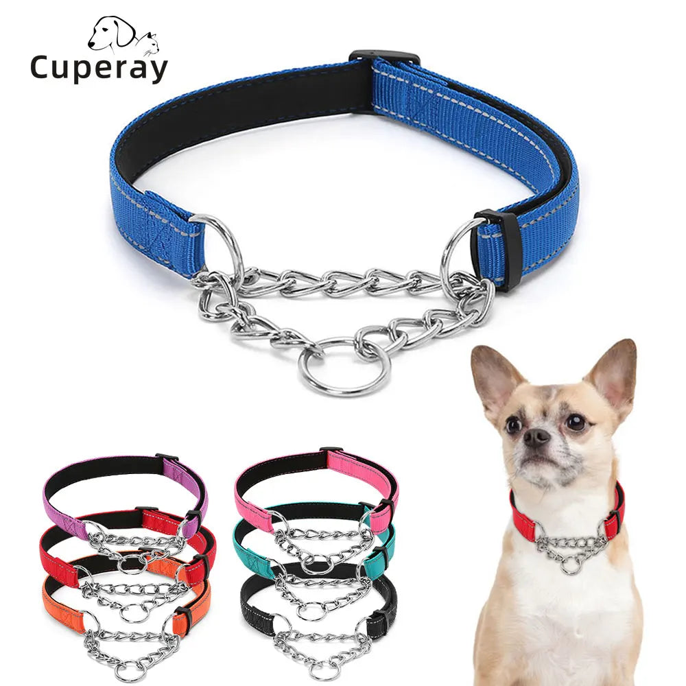 Stainless Steel Chain Martingale Collar - Stainless Steel Chain Reflective Nylon Fabric Pet Collars for Small Medium Large Dogs