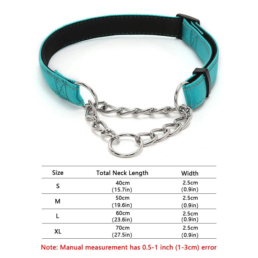 Stainless Steel Chain Martingale Collar - Stainless Steel Chain Reflective Nylon Fabric Pet Collars for Small Medium Large Dogs