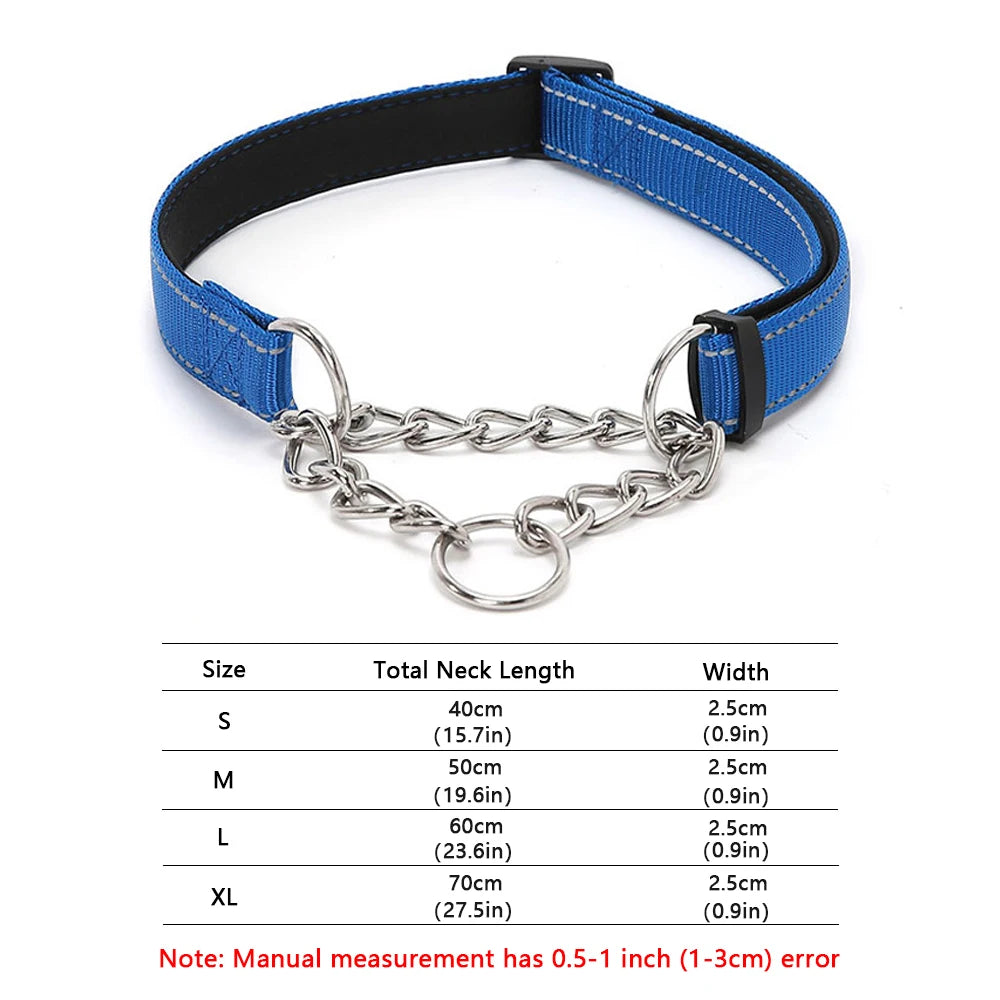 Stainless Steel Chain Martingale Collar - Stainless Steel Chain Reflective Nylon Fabric Pet Collars for Small Medium Large Dogs