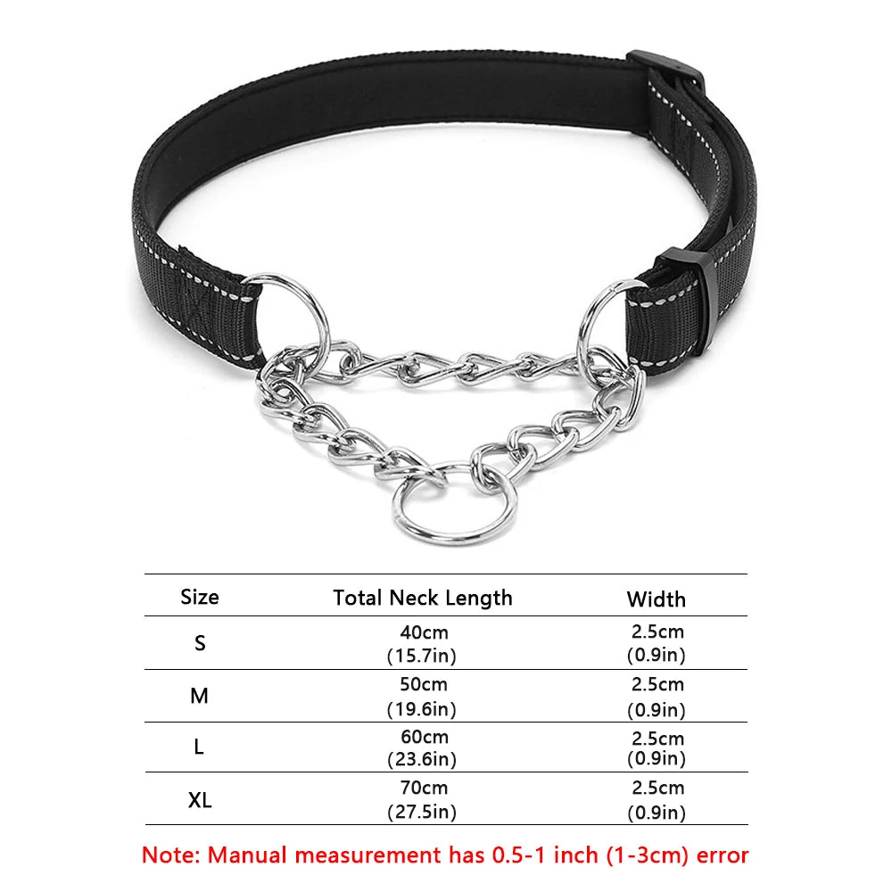 Stainless Steel Chain Martingale Collar - Stainless Steel Chain Reflective Nylon Fabric Pet Collars for Small Medium Large Dogs