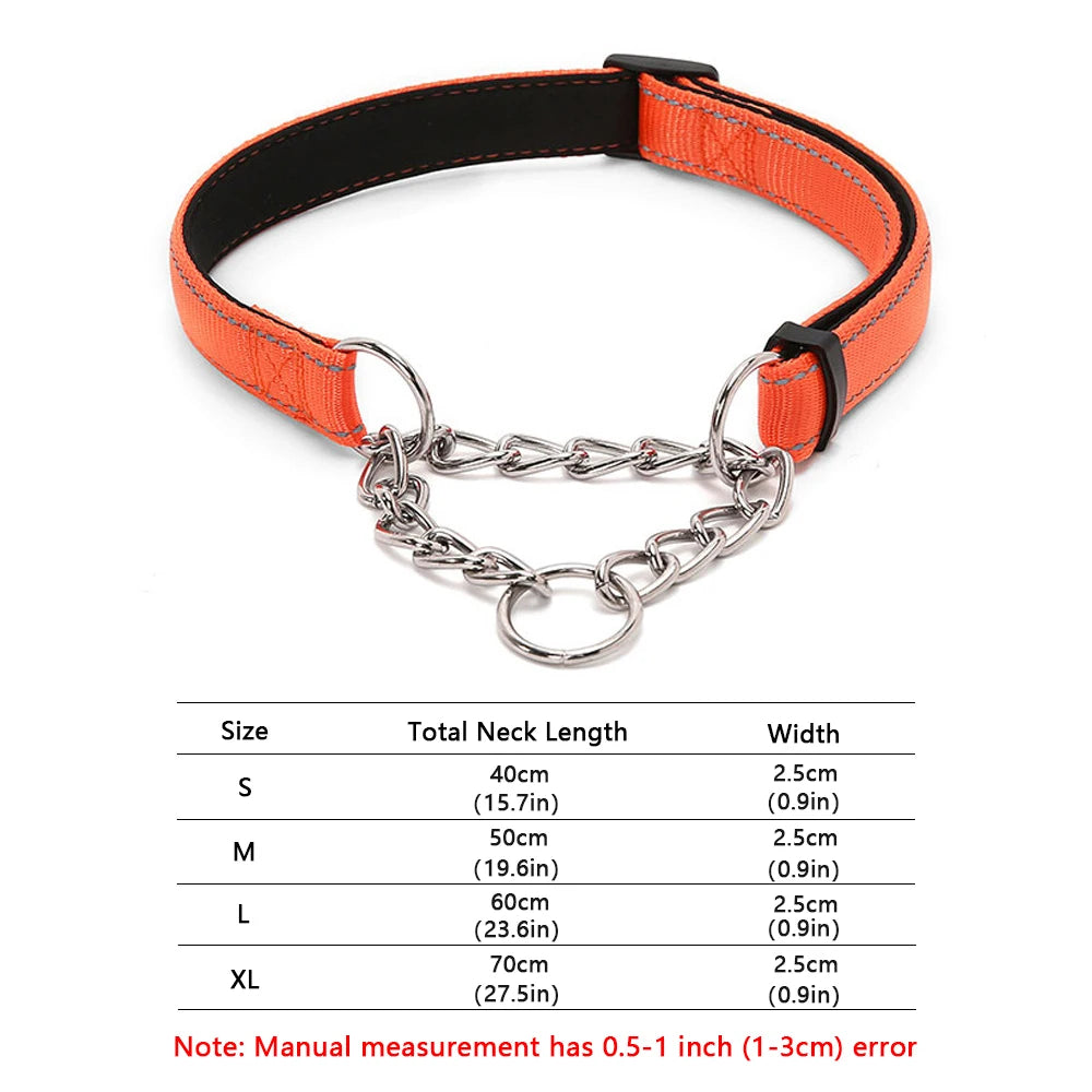 Stainless Steel Chain Martingale Collar - Stainless Steel Chain Reflective Nylon Fabric Pet Collars for Small Medium Large Dogs