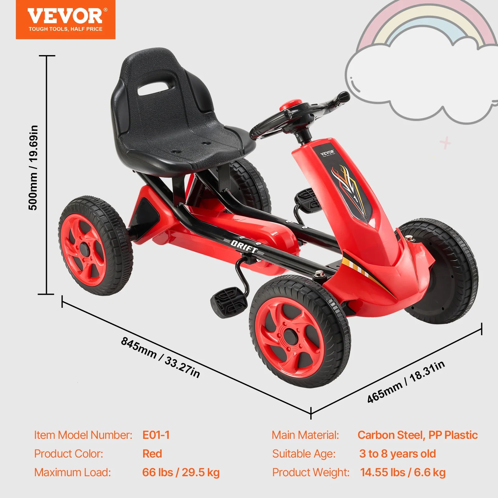 VEVOR 66lbs Kids Pedal Go Kart 4 Wheel Off-Road Pedal Ride On Toys with Adjustable Seat Outdoor Racer Pedal Car for Boys & Girls