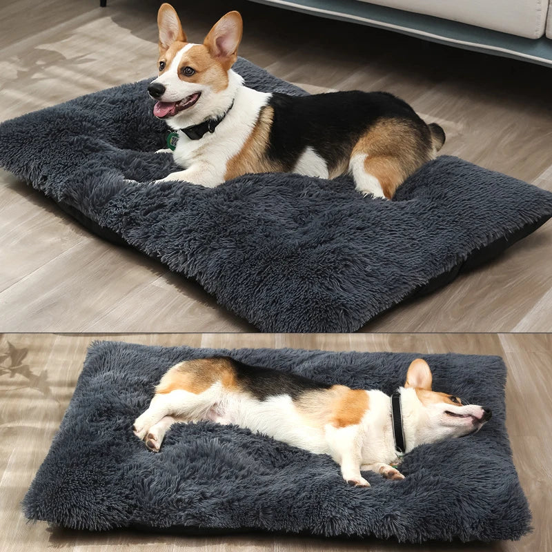 Square Dog Beds for Large Small Dogs Calming Long Plush Kennel Cat Dog Pad Mat Pet Deep Sleep Cushion Beds Cover Removable